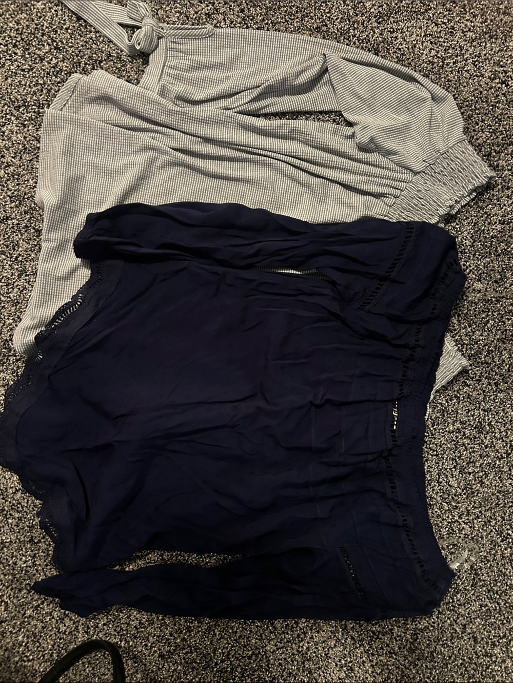 Light Gray Ribbed Long Sleeve Top & Navy Blue Off Shoulder Blouse - Two Tops
